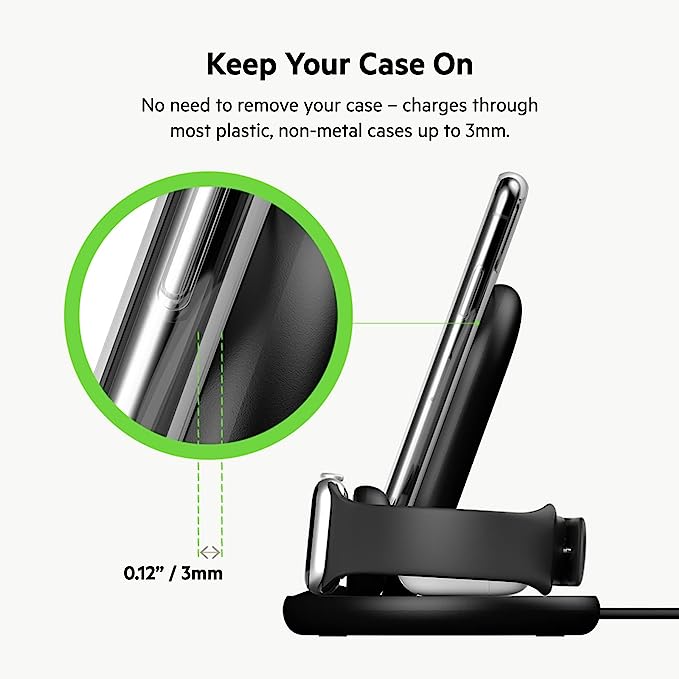 Belkin 3-in-1 Wireless Charger - Fast Wireless Charging Stand for Apple iPhone, Apple Watch & AirPods - iPhone Case Compatible Qi Charger - Wireless Charging Station For Multiple Devices - Black