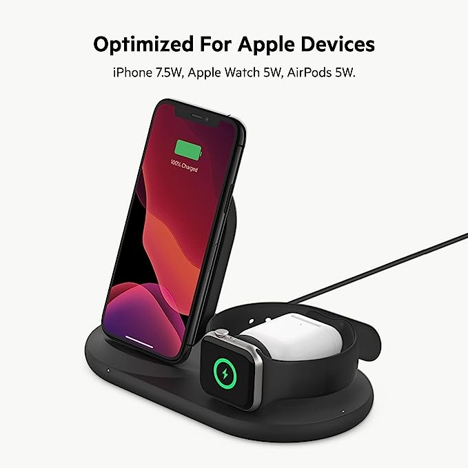 Belkin 3-in-1 Wireless Charger - Fast Wireless Charging Stand for Apple iPhone, Apple Watch & AirPods - iPhone Case Compatible Qi Charger - Wireless Charging Station For Multiple Devices - Black
