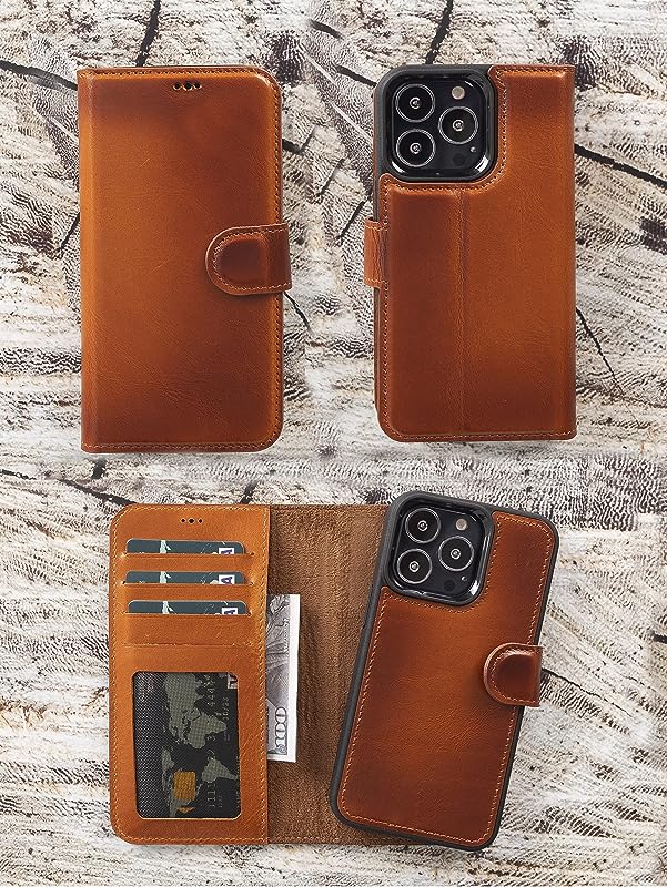 VENOULT iPhone 15 Pro MAX Wallet Case Man or Women / 15 Pro / 14 Pro MAX / 13 Pro / 12 Pro MAX and All Others, Genuine Leather, 4 Card Holder Folio Cover, Compatible Magsafe Wireless Charge, HANDMADE